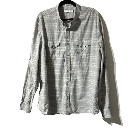 Calvin Klein Shirt Mens Size 2XL XXL Striped Button Down Roll Tab Sleeve Gray - Picture 1 of 8